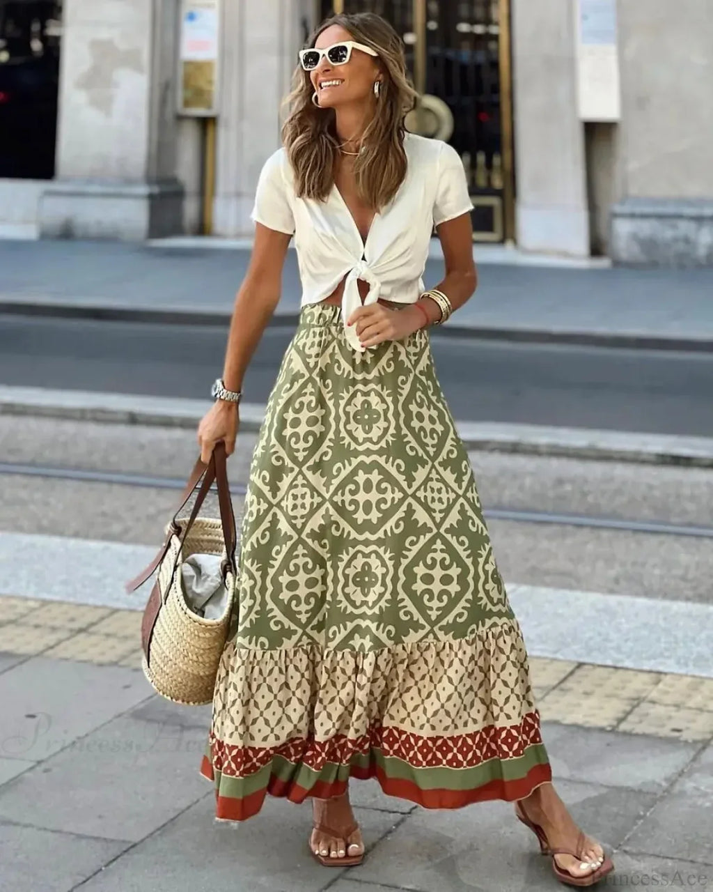 Boho Print High Waist Maxi Skirt Casual Loose Summer Skirt image 1