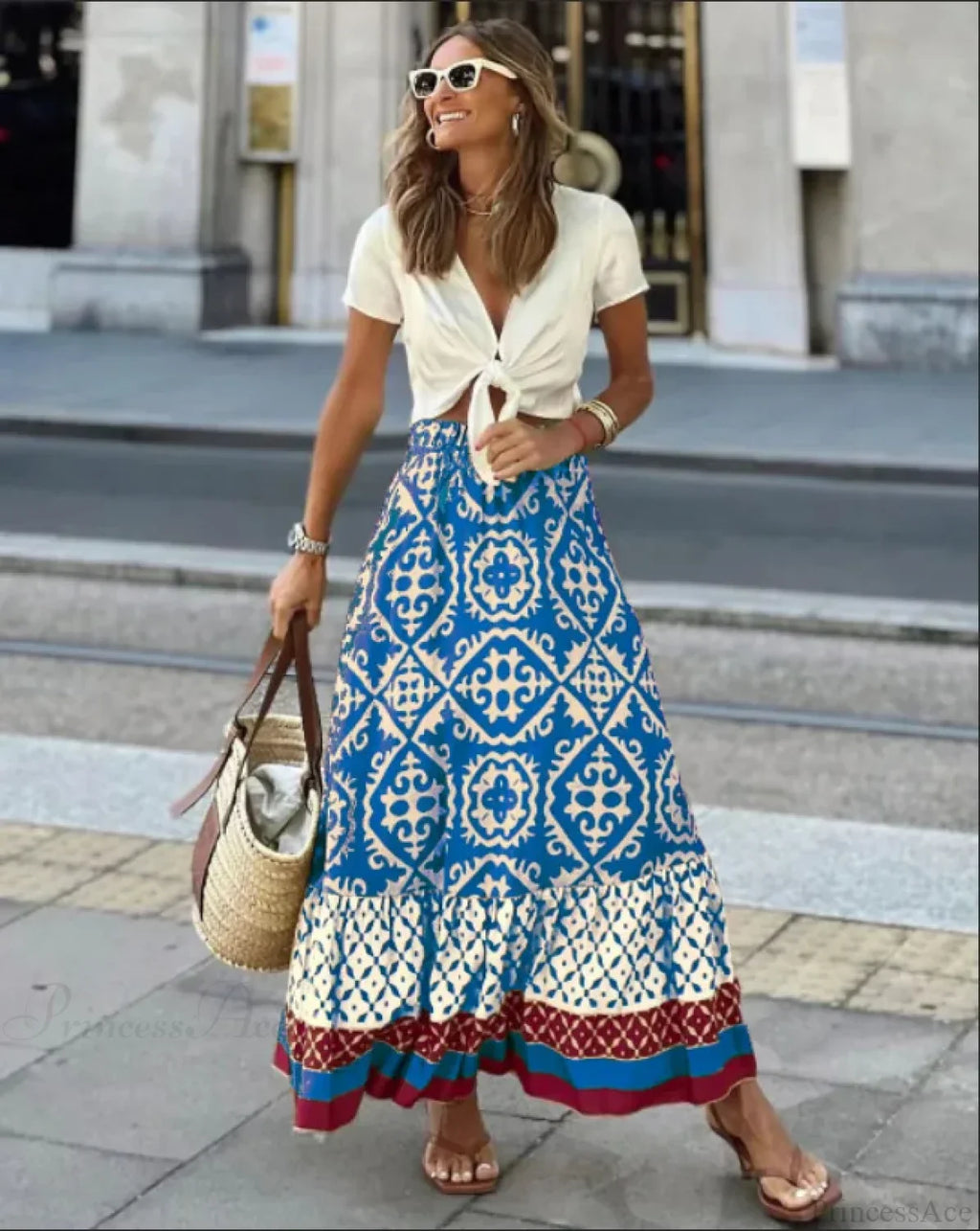 Boho Print High Waist Maxi Skirt Casual Loose Summer Skirt image 2