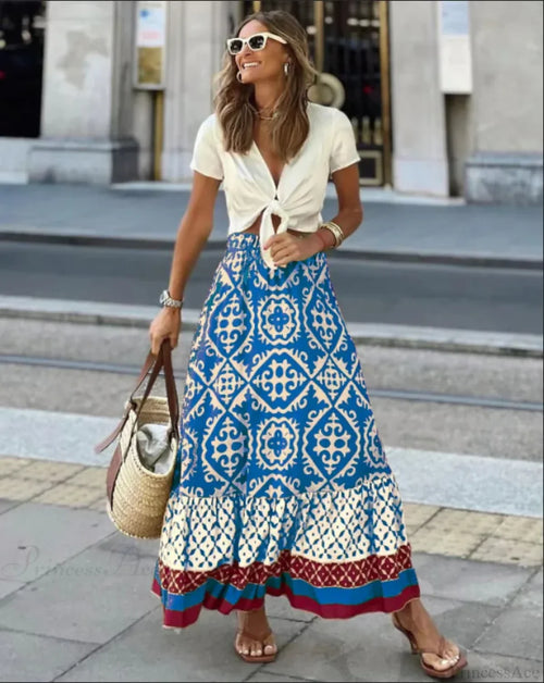 Boho Print High Waist Maxi Skirt Casual Loose Summer Skirt image 2