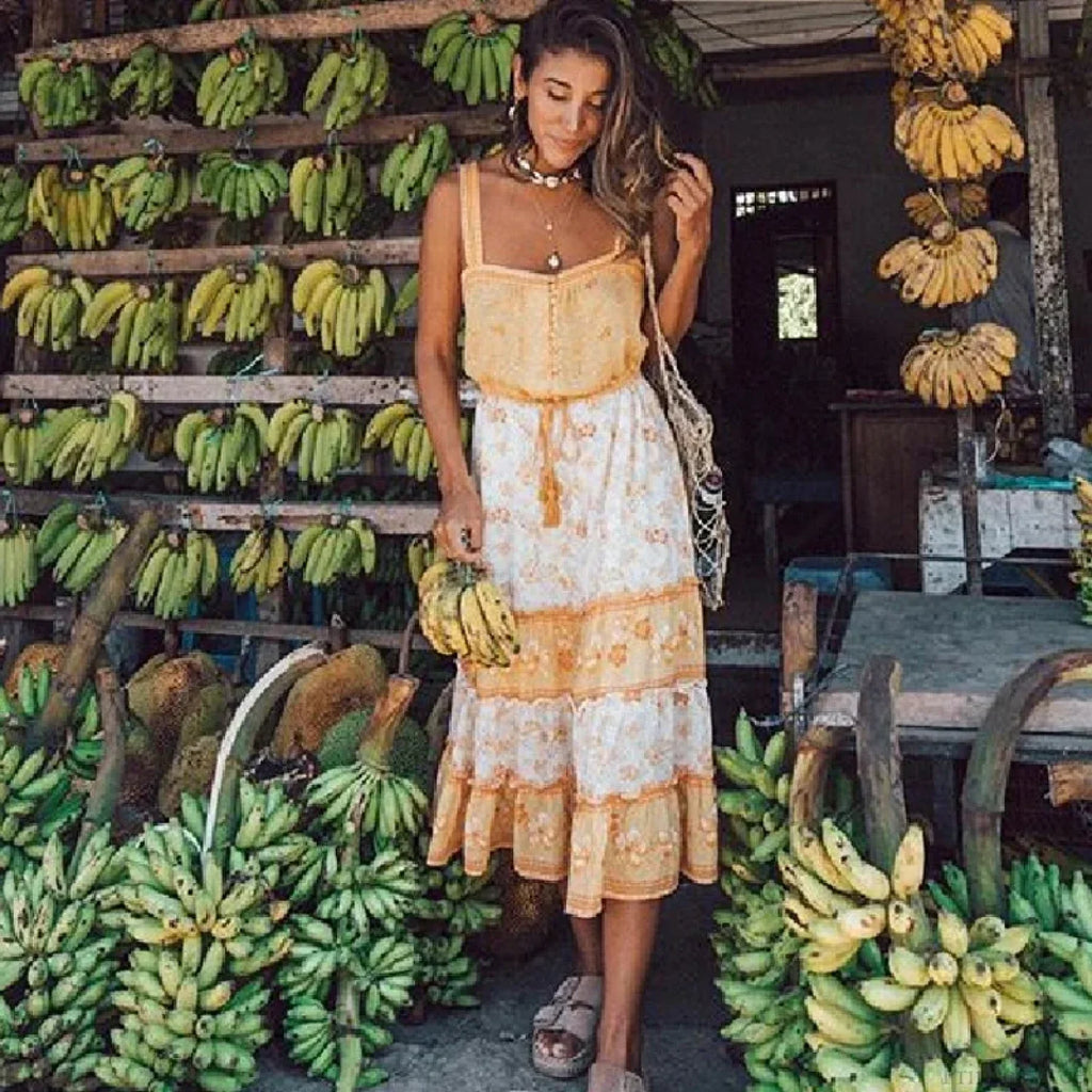 Boho Sundress Sexy Sleeveless Strap Rayon Floral Beach Dress image 1