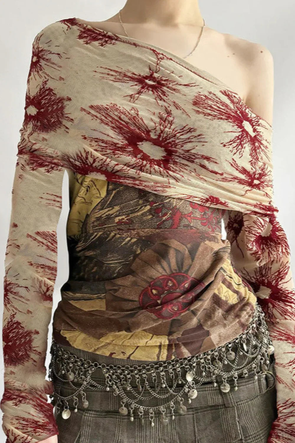Botanical Print Retro Mesh Panel Boat Neck Long Sleeve Tee image 2