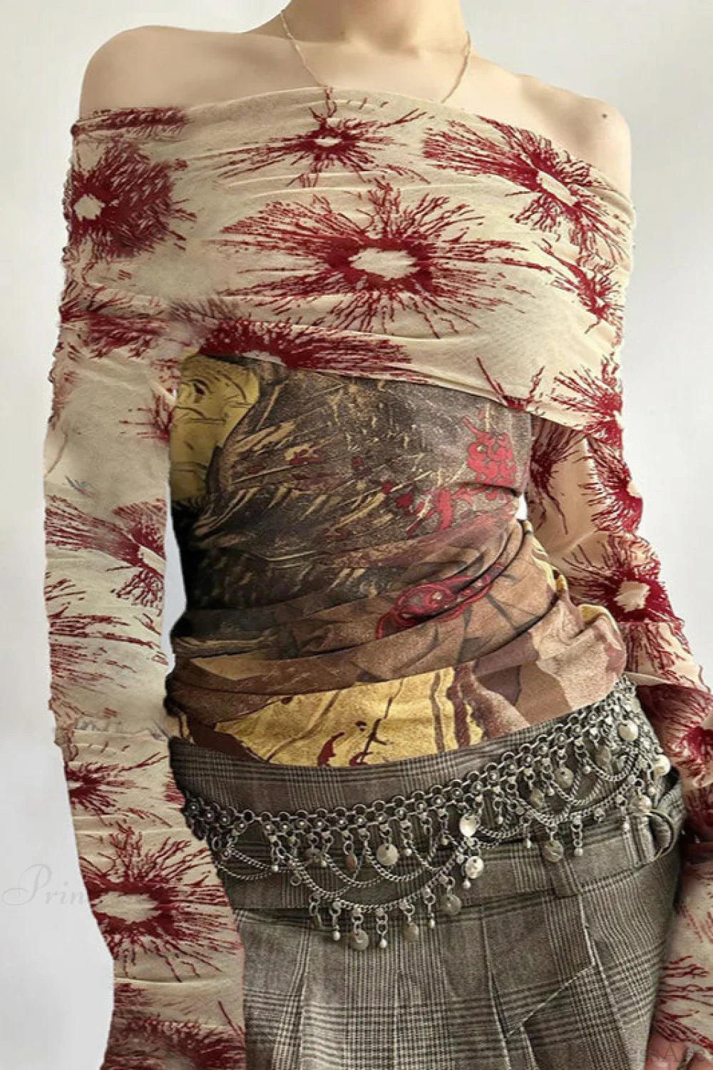 Botanical Print Retro Mesh Panel Boat Neck Long Sleeve Tee image 1