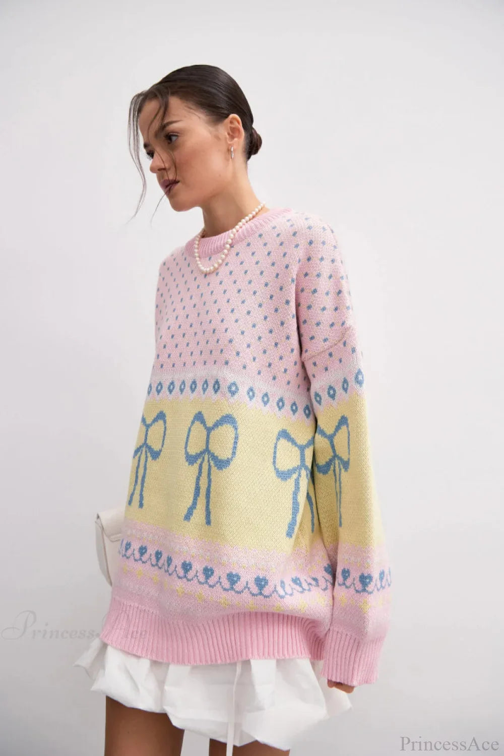 Bow Color Block Crew Neck Outer Wear Warm Lazy Knit Sweater image 5