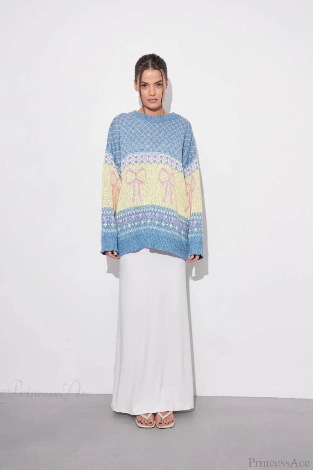 Bow Color Block Crew Neck Outer Wear Warm Lazy Knit Sweater image 3