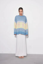 Bow Color Block Crew Neck Outer Wear Warm Lazy Knit Sweater image 3