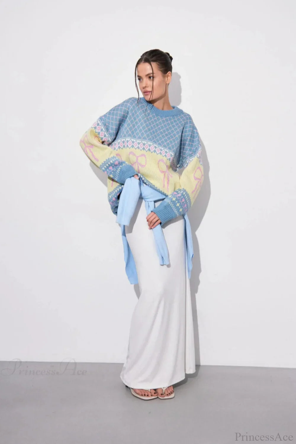 Bow Color Block Crew Neck Outer Wear Warm Lazy Knit Sweater image 2