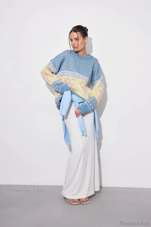 Bow Color Block Crew Neck Outer Wear Warm Lazy Knit Sweater image 2