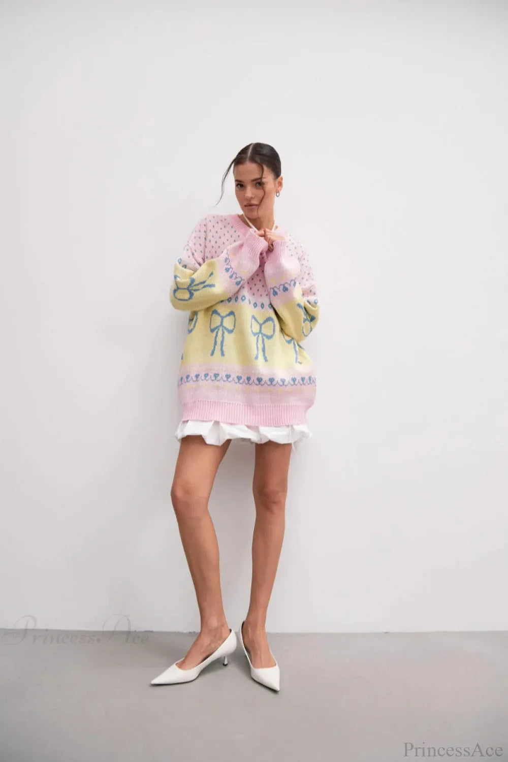 Bow Color Block Crew Neck Outer Wear Warm Lazy Knit Sweater image 6