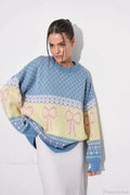 Bow Color Block Crew Neck Outer Wear Warm Lazy Knit Sweater image 1