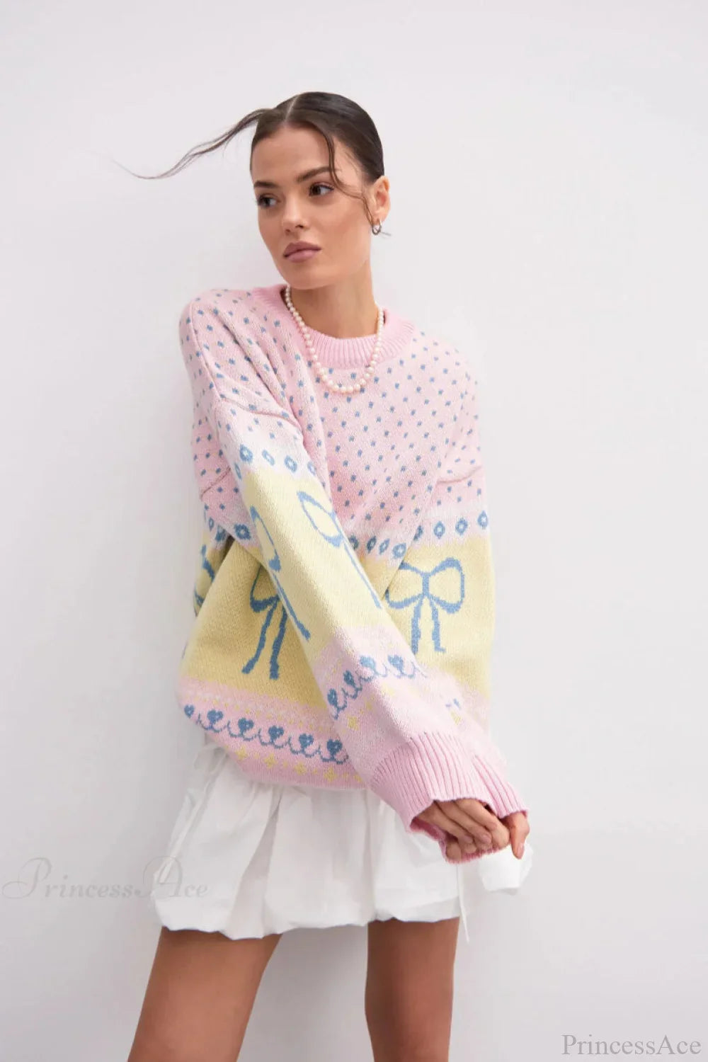 Bow Color Block Crew Neck Outer Wear Warm Lazy Knit Sweater image 4