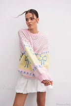 Bow Color Block Crew Neck Outer Wear Warm Lazy Knit Sweater image 4