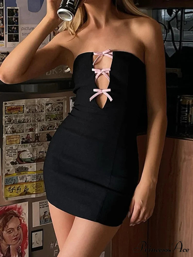 Bow Embellish Graceful Black Halter Mini Dress image 2