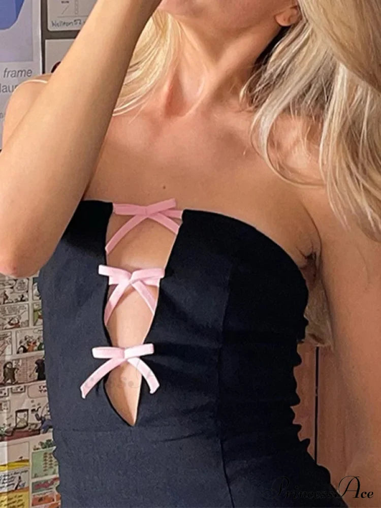 Bow Embellish Graceful Black Halter Mini Dress image 3