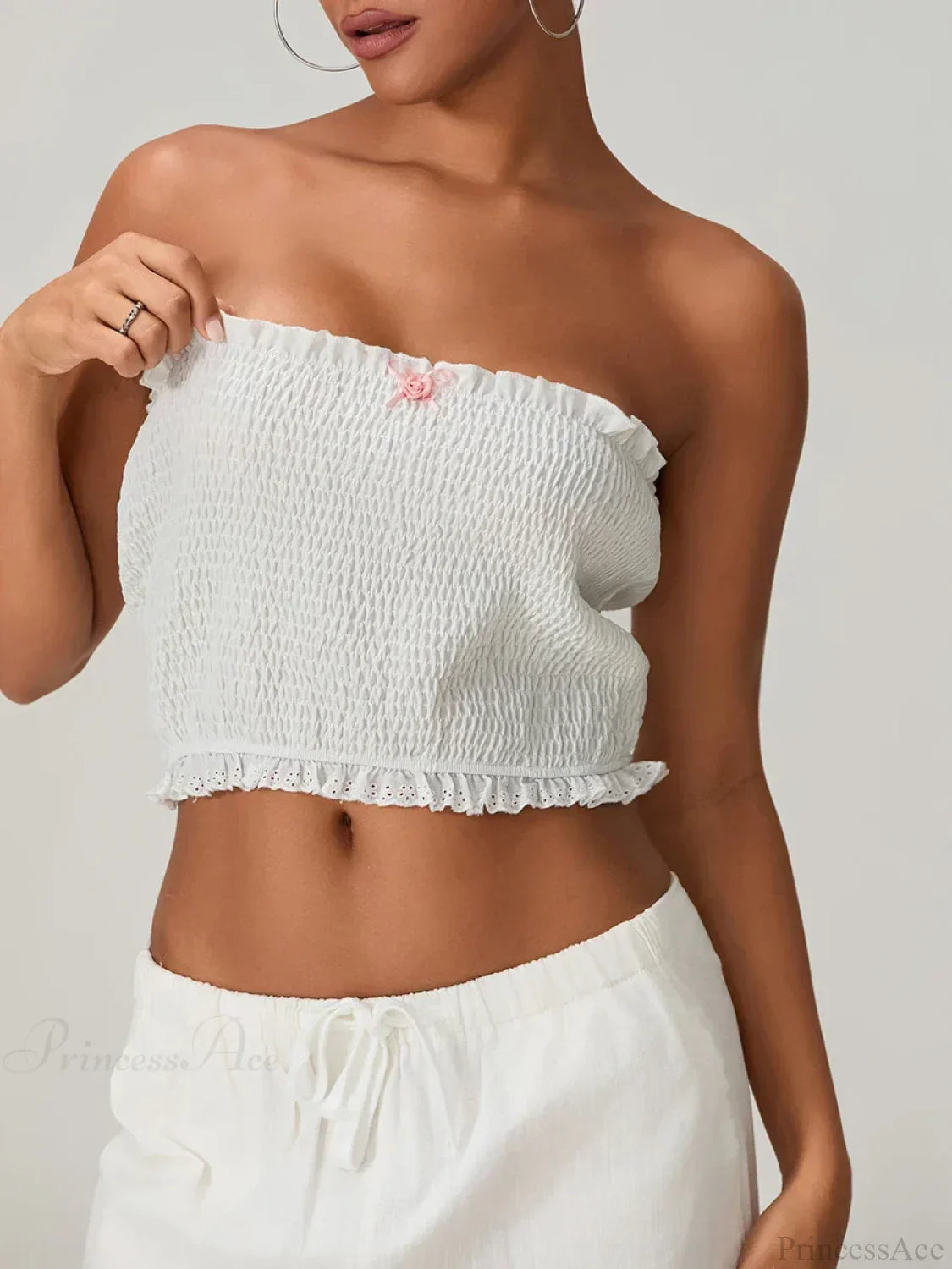 Bow Lace Smocked Strapless Backless Crop Bandeau Top image 3