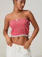 Bow Lace Smocked Strapless Backless Crop Bandeau Top image 2