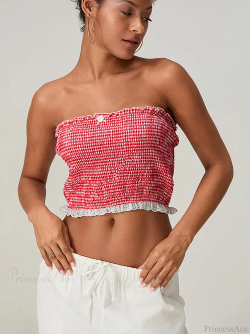 Bow Lace Smocked Strapless Backless Crop Bandeau Top image 2