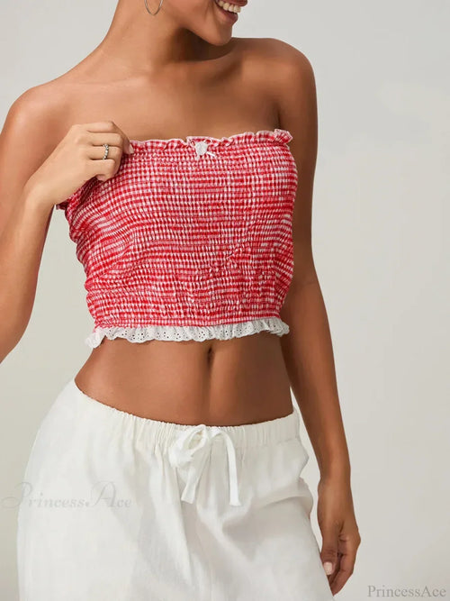 Bow Lace Smocked Strapless Backless Crop Bandeau Top image 1