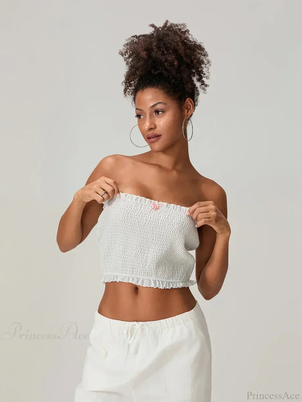 Bow Lace Smocked Strapless Backless Crop Bandeau Top image 4