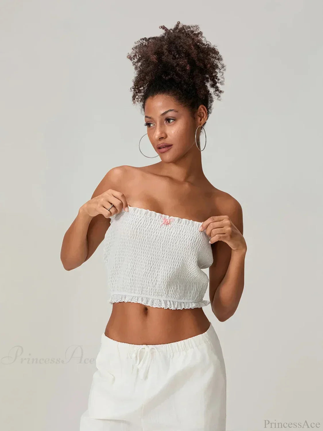 Bow Lace Smocked Strapless Backless Crop Bandeau Top image 4