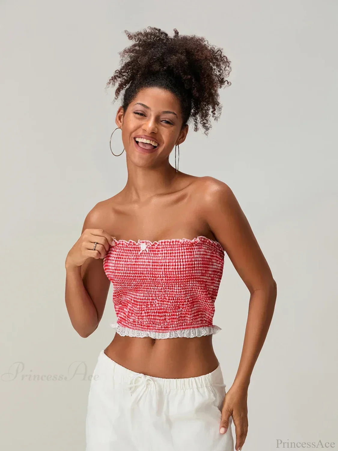 Bow Lace Smocked Strapless Backless Crop Bandeau Top image 5