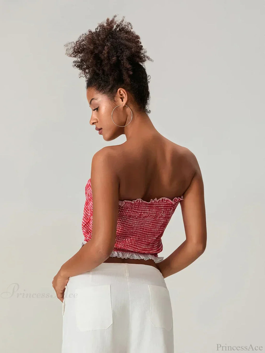 Bow Lace Smocked Strapless Backless Crop Bandeau Top image 6