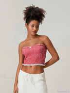 Bow Lace Smocked Strapless Backless Crop Bandeau Top image 7