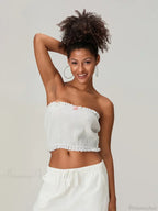 Bow Lace Smocked Strapless Backless Crop Bandeau Top image 8