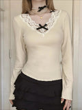 Bow Patchwork Lace Trim Halter V-Neck Long Sleeve Knit Top image 1