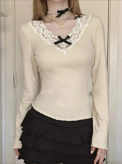 Bow Patchwork Lace Trim Halter V-Neck Long Sleeve Knit Top image 1
