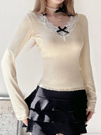 Bow Patchwork Lace Trim Halter V-Neck Long Sleeve Knit Top image 3