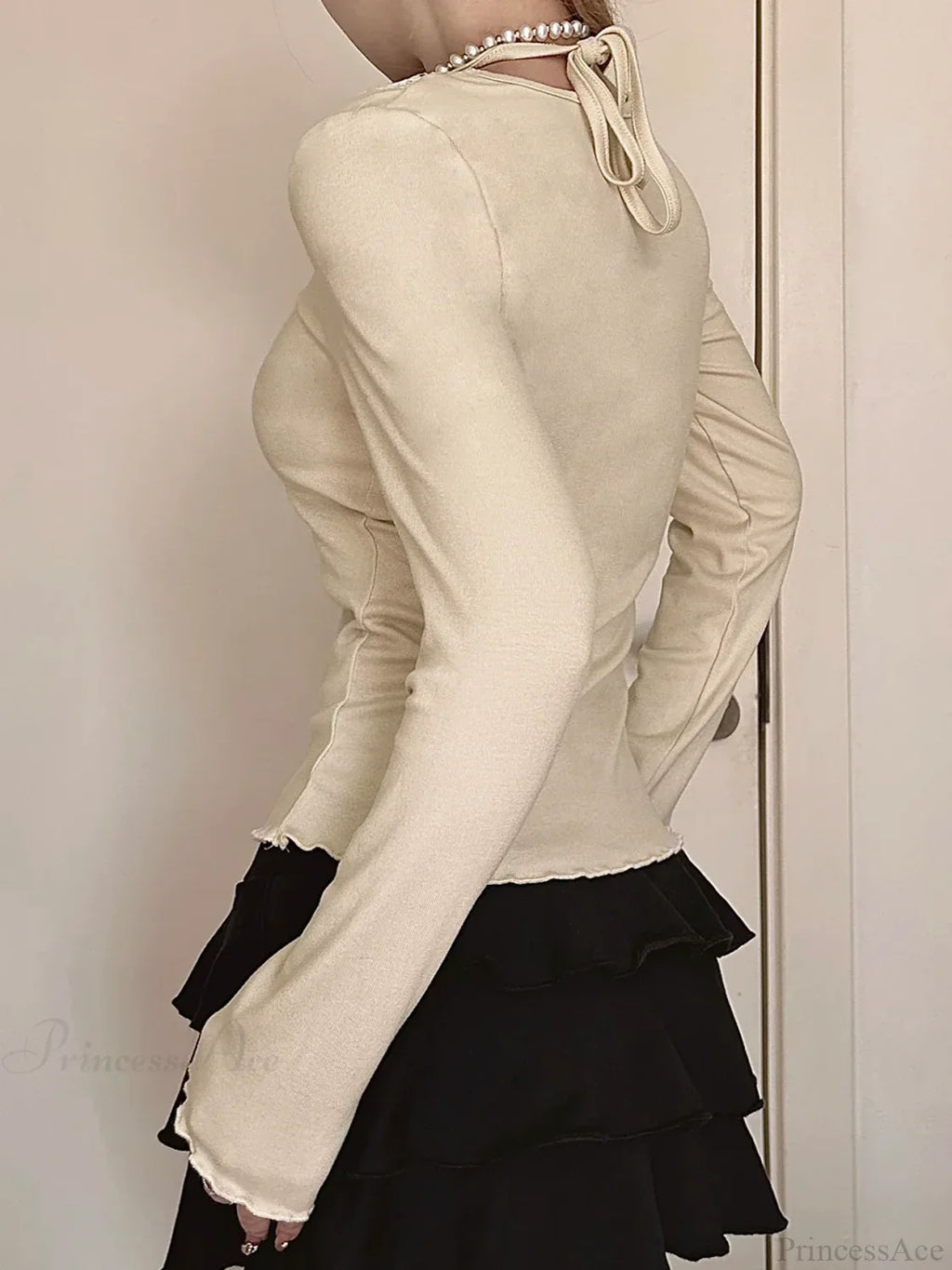 Bow Patchwork Lace Trim Halter V-Neck Long Sleeve Knit Top image 2