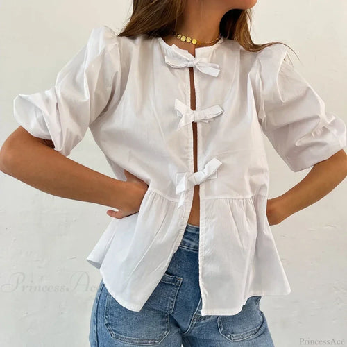 Bowknot Front Hollow Out Vintage Ruffles Puff Sleeve Elegant Sweet Y2K Crop Top image 1