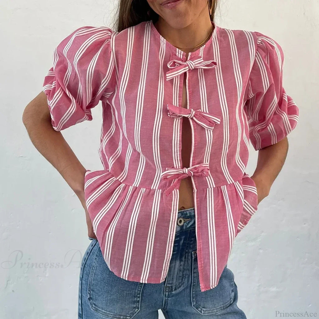 Bowknot Front Hollow Out Vintage Ruffles Puff Sleeve Elegant Sweet Y2K Crop Top image 5