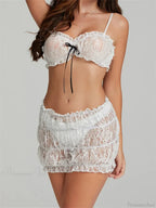 Bowknot Spaghetti Strap Sleeveless Lace Camis Crop Top with Mini Skirt Set image 5