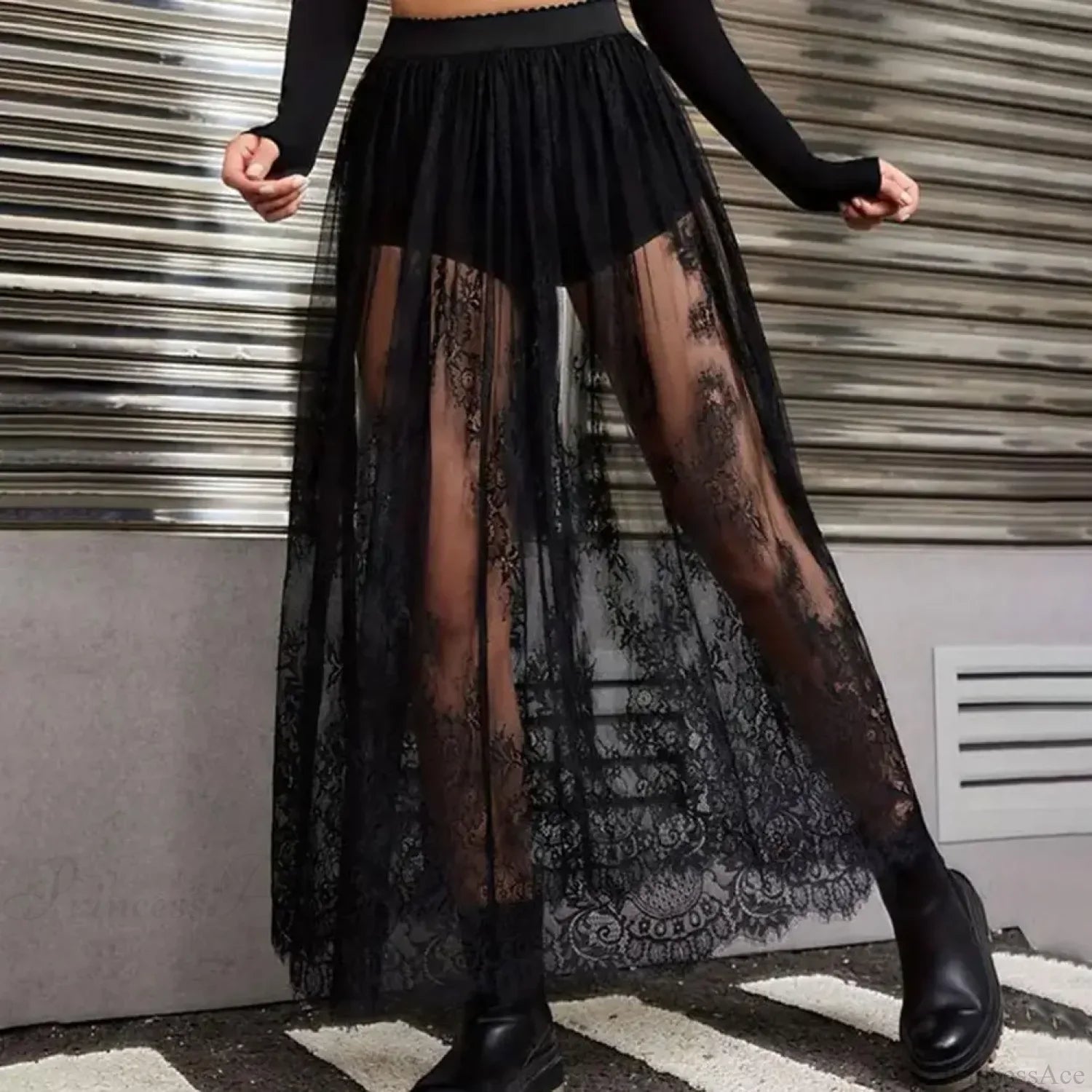 Breathable Plaid Mesh Maxi Skirt Dark Style Embroidery image 3