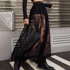 Breathable Plaid Mesh Maxi Skirt Dark Style Embroidery image 1