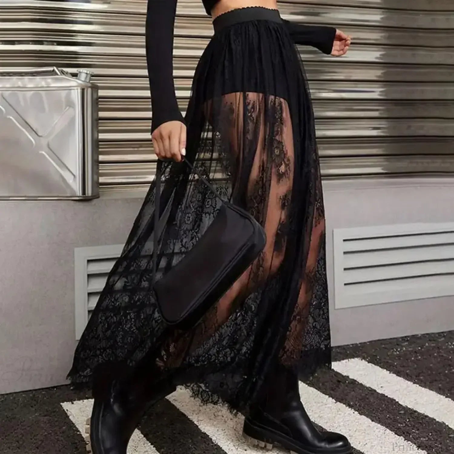 Breathable Plaid Mesh Maxi Skirt Dark Style Embroidery image 1