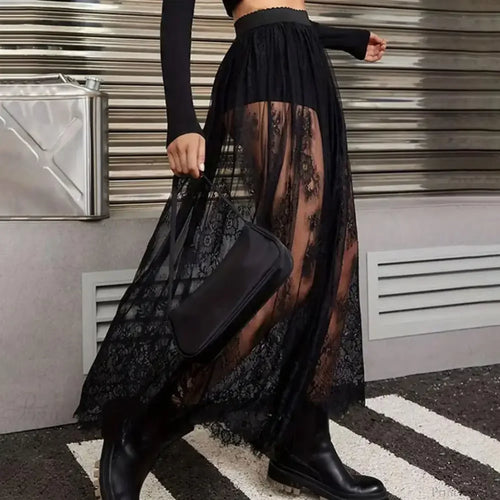 Breathable Plaid Mesh Maxi Skirt Dark Style Embroidery image 1