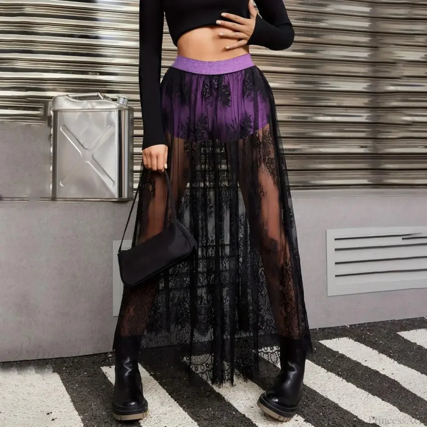 Breathable Plaid Mesh Maxi Skirt Dark Style Embroidery image 2