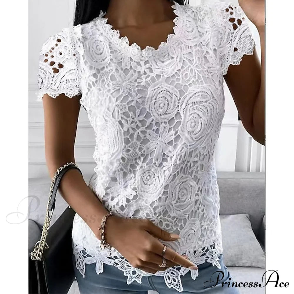 Brief Pink Neck White Casual Women's Blouse Round Black Lace Arm Basic Plain Blouse image 1