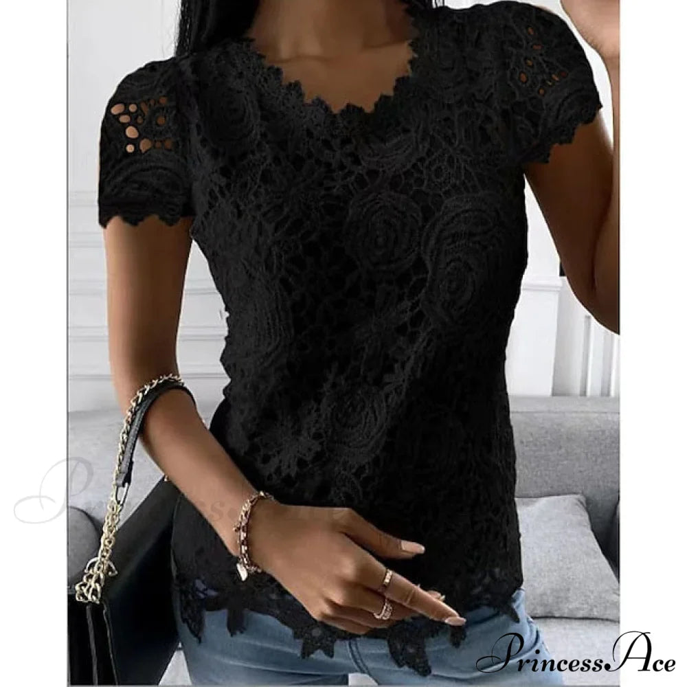 Brief Pink Neck White Casual Women's Blouse Round Black Lace Arm Basic Plain Blouse image 3