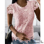 Brief Pink Neck White Casual Women's Blouse Round Black Lace Arm Basic Plain Blouse image 2
