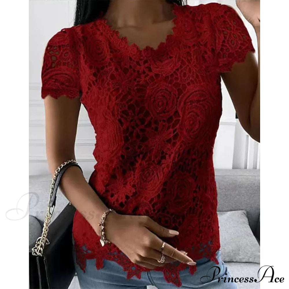 Brief Pink Neck White Casual Women's Blouse Round Black Lace Arm Basic Plain Blouse image 6