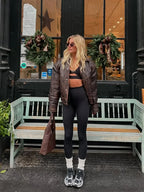 Brown Cropped Lapel Leather Coat image 1