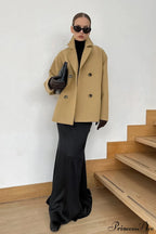 Brown Double-Breasted Thick Midi Wool Coat image 6