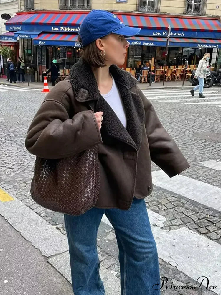 Brown Faux Leather Charming Black Lining Fur Jacket image 1