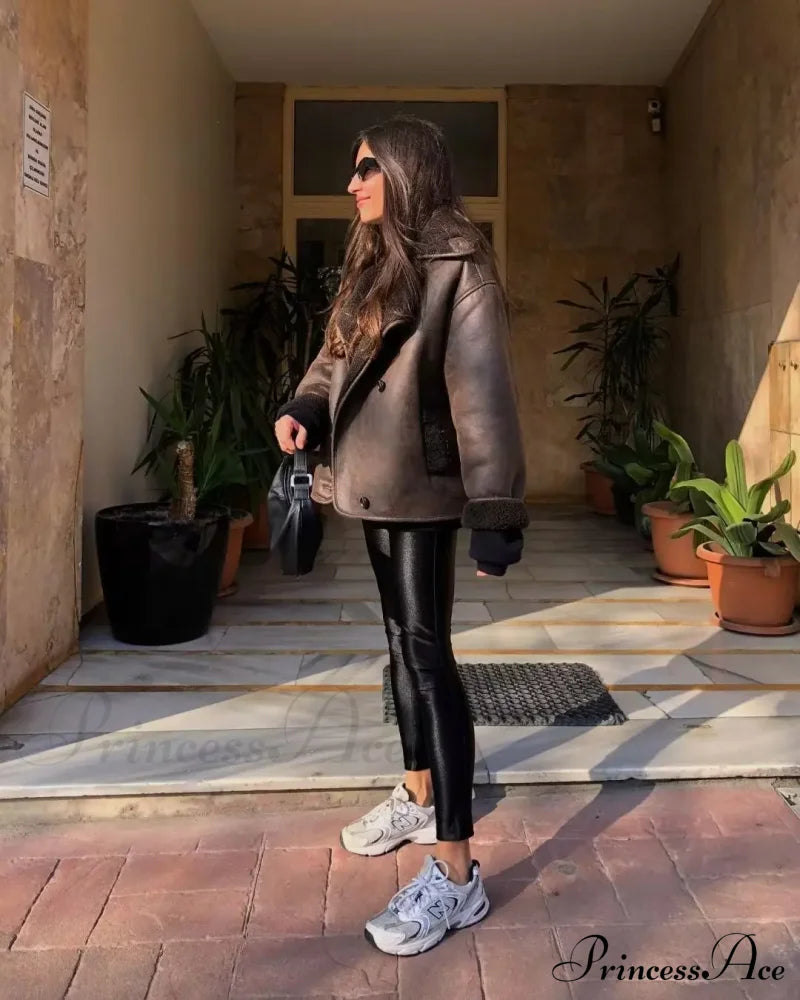 Brown Faux Leather Charming Black Lining Fur Jacket image 12