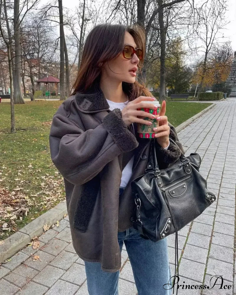 Brown Faux Leather Charming Black Lining Fur Jacket image 14
