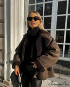 Brown Faux Leather Charming Black Lining Fur Jacket image 3