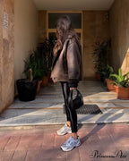 Brown Faux Leather Charming Black Lining Fur Jacket image 13